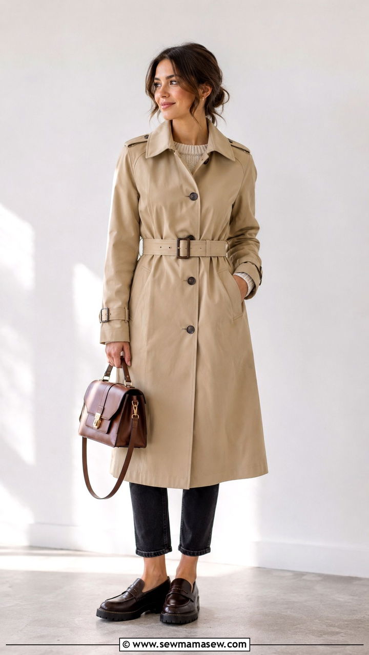 Khaki Trench Coat with Cropped Jeans and Loafers - 30 Khaki trench coat outfit ideas with jeans