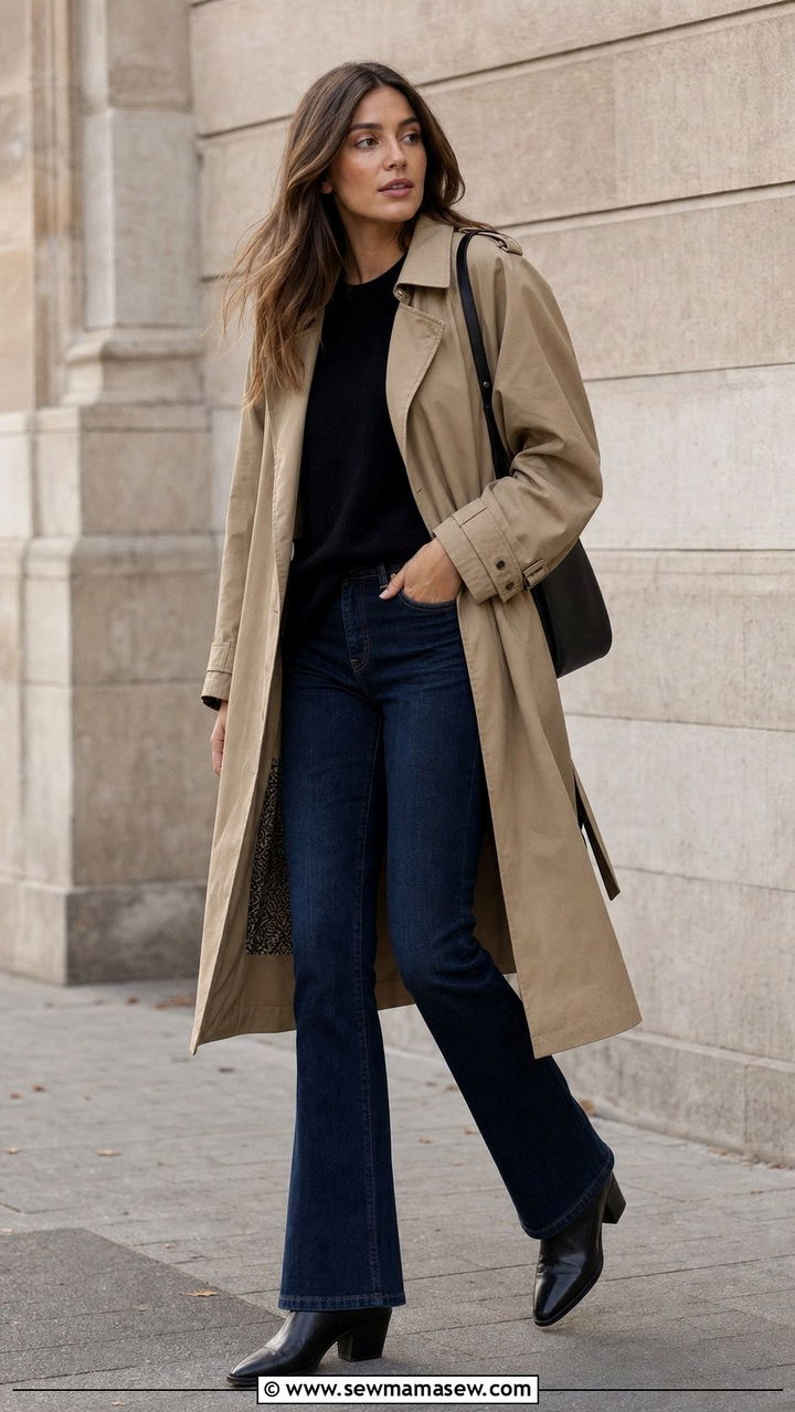 Khaki Trench Coat with Dark Wash Jeans and Ankle Boots - 25 spring model off duty outfit ideas