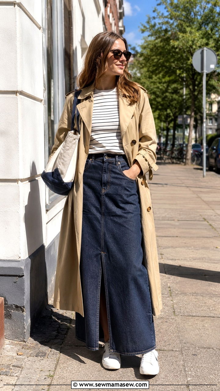 Khaki Trench Coat with Denim Maxi Skirt - 30 Khaki trench coat outfit ideas with a skirt