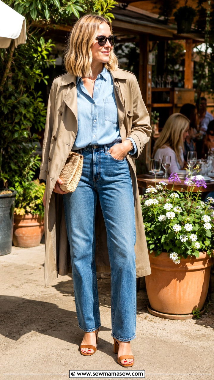 Khaki Trench Coat with Denim on Denim Layers and Heeled Sandals - 30 Khaki trench coat outfit ideas with jeans