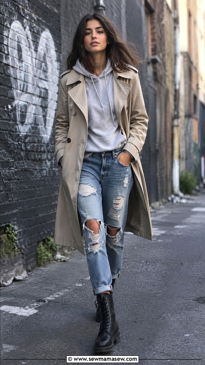 Khaki Trench Coat with Distressed Jeans and Combat Boots - 30 Khaki trench coat outfit ideas with jeans