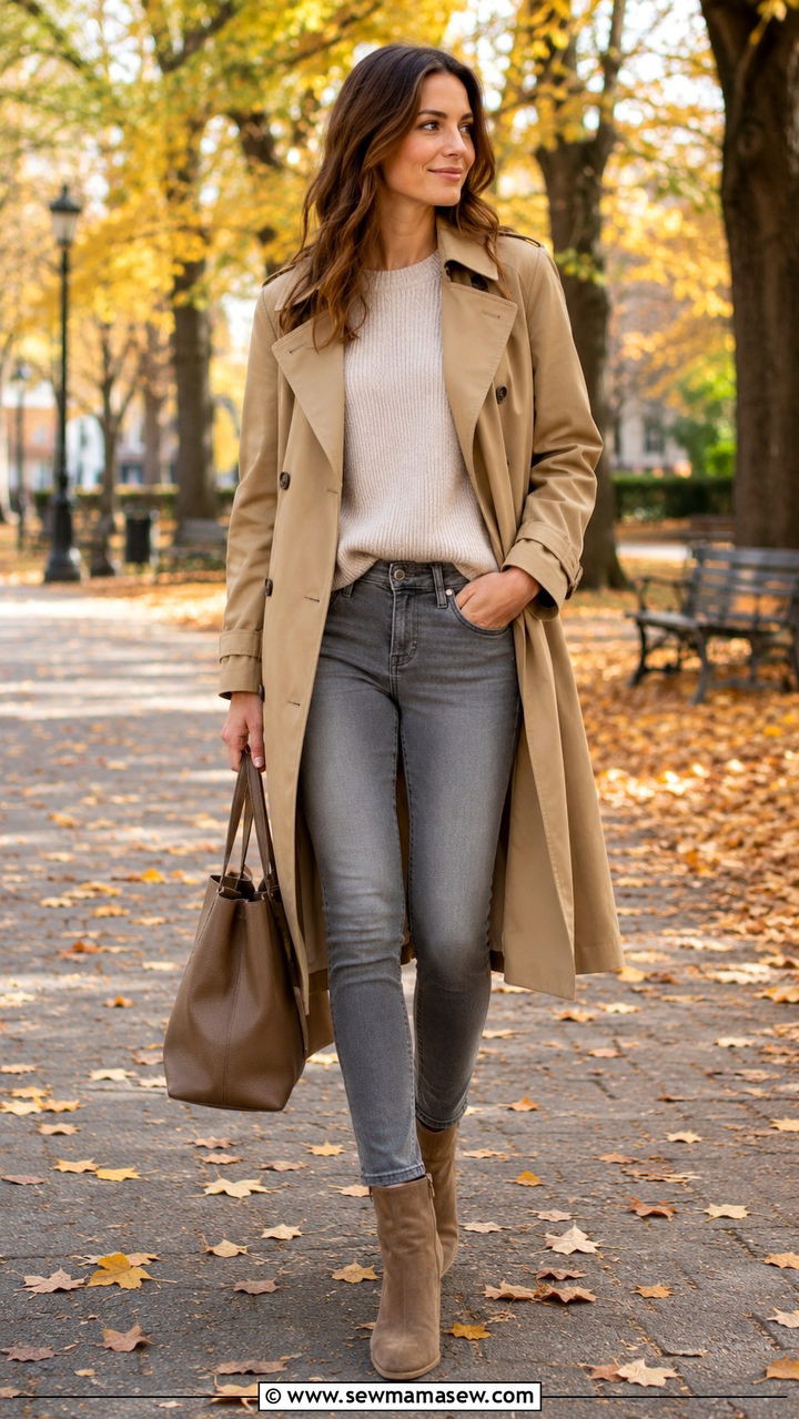 Khaki Trench Coat with Gray Jeans and Suede Ankle Boots - 30 Khaki trench coat outfit ideas with jeans