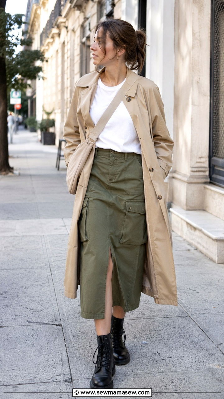 Khaki Trench Coat with Green Utility Skirt - 30 Khaki trench coat outfit ideas with a skirt