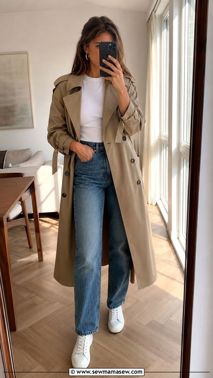 Khaki Trench Coat with High Waisted Vintage Jeans and Leather Sneakers - 30 Khaki trench coat outfit ideas with jeans