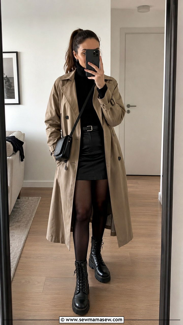 Khaki Trench Coat with Leather Mini Skirt - 30 Khaki trench coat outfit ideas with a skirt