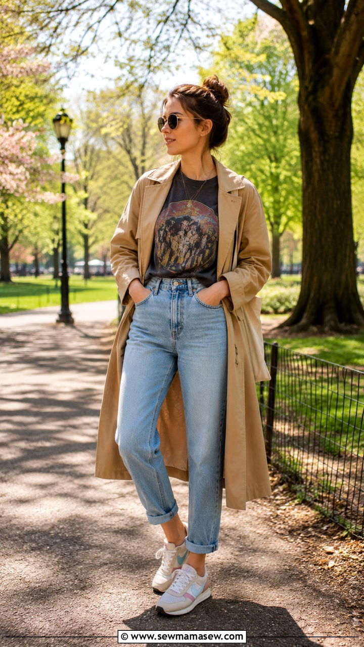 Khaki Trench Coat with Mom Jeans and Retro Sneakers - 30 Khaki trench coat outfit ideas with jeans