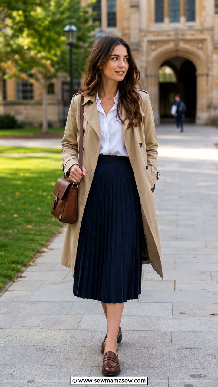 Khaki Trench Coat with Navy Pleated Skirt - 30 Khaki trench coat outfit ideas with a skirt