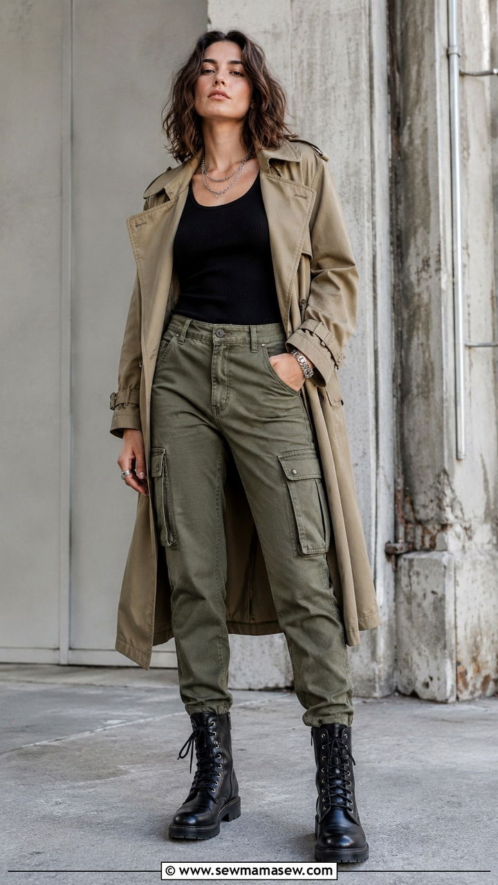 Khaki Trench Coat with Olive Cargo Jeans and Combat Boots - 30 Khaki trench coat outfit ideas with jeans