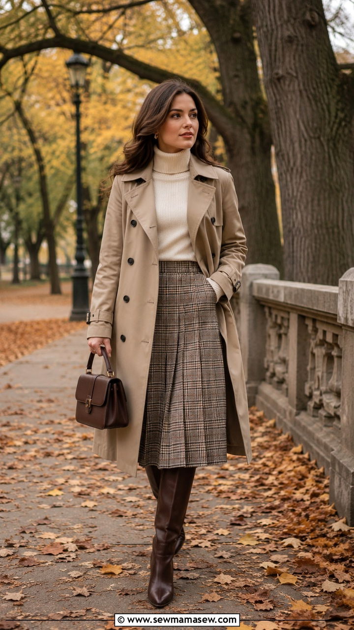 Khaki Trench Coat with Plaid Midi Skirt - 30 Khaki trench coat outfit ideas with a skirt