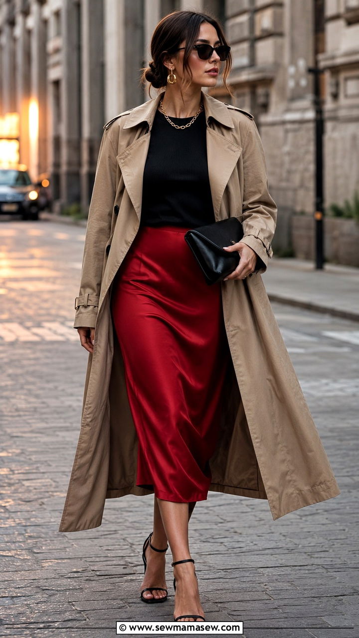 Khaki Trench Coat with Red Midi Skirt - 30 Khaki trench coat outfit ideas with a skirt