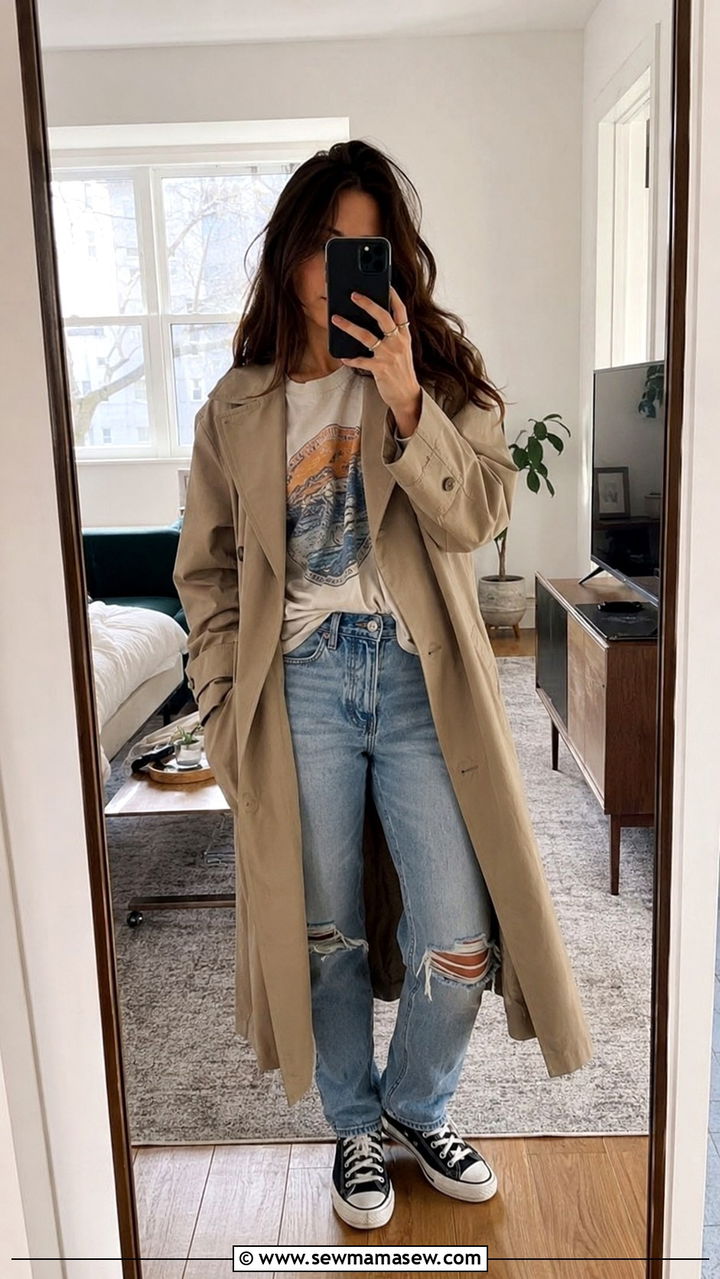 Khaki Trench Coat with Ripped Jeans and a Graphic Tee - 30 Khaki trench coat outfit ideas with jeans