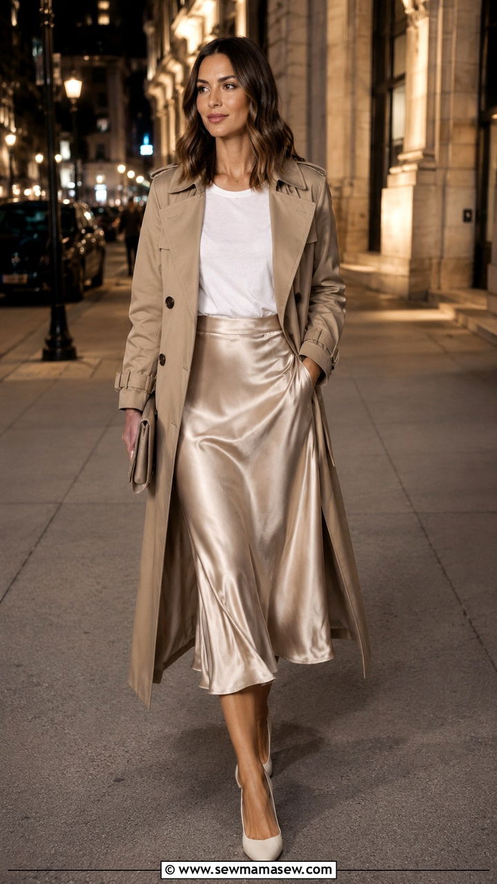 Khaki Trench Coat with Satin Slip Skirt - 30 Khaki trench coat outfit ideas with a skirt
