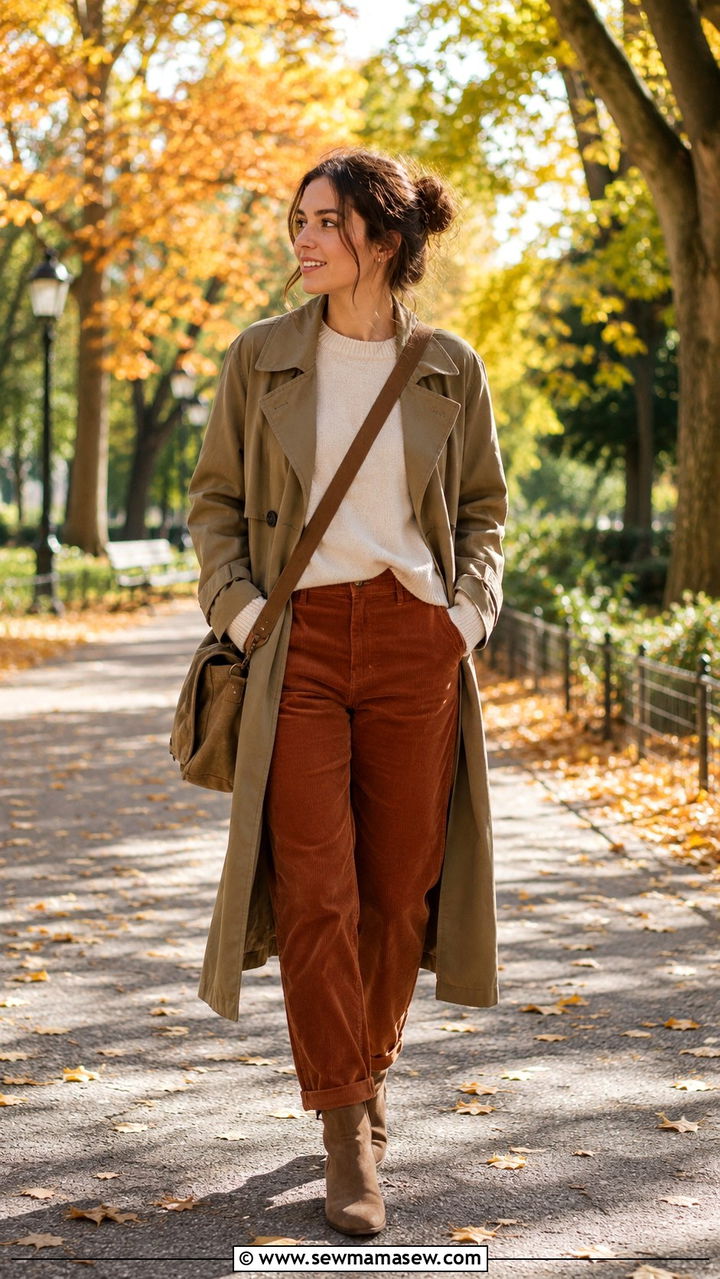 Khaki Trench Coat with Sweater and Corduroy Pants - 30 Long trench coat outfit ideas with a sweater