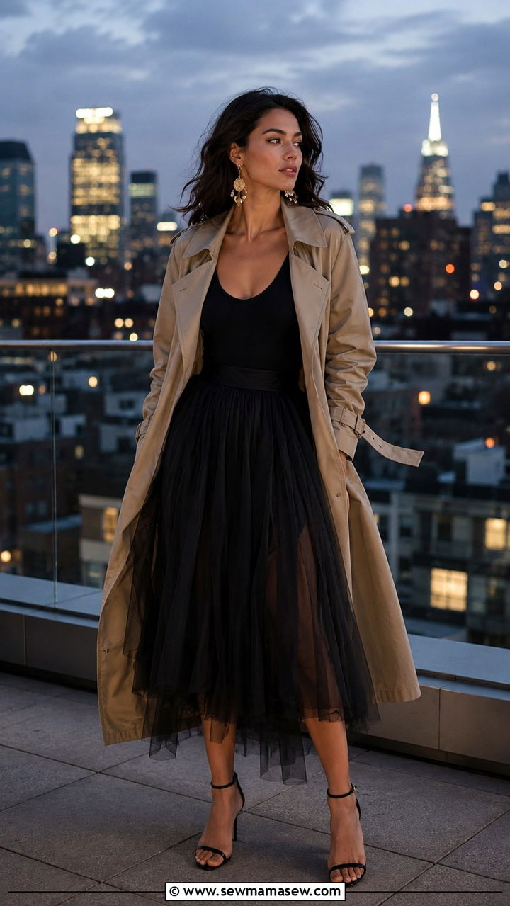 Khaki Trench Coat with Tulle Midi Skirt - 30 Khaki trench coat outfit ideas with a skirt