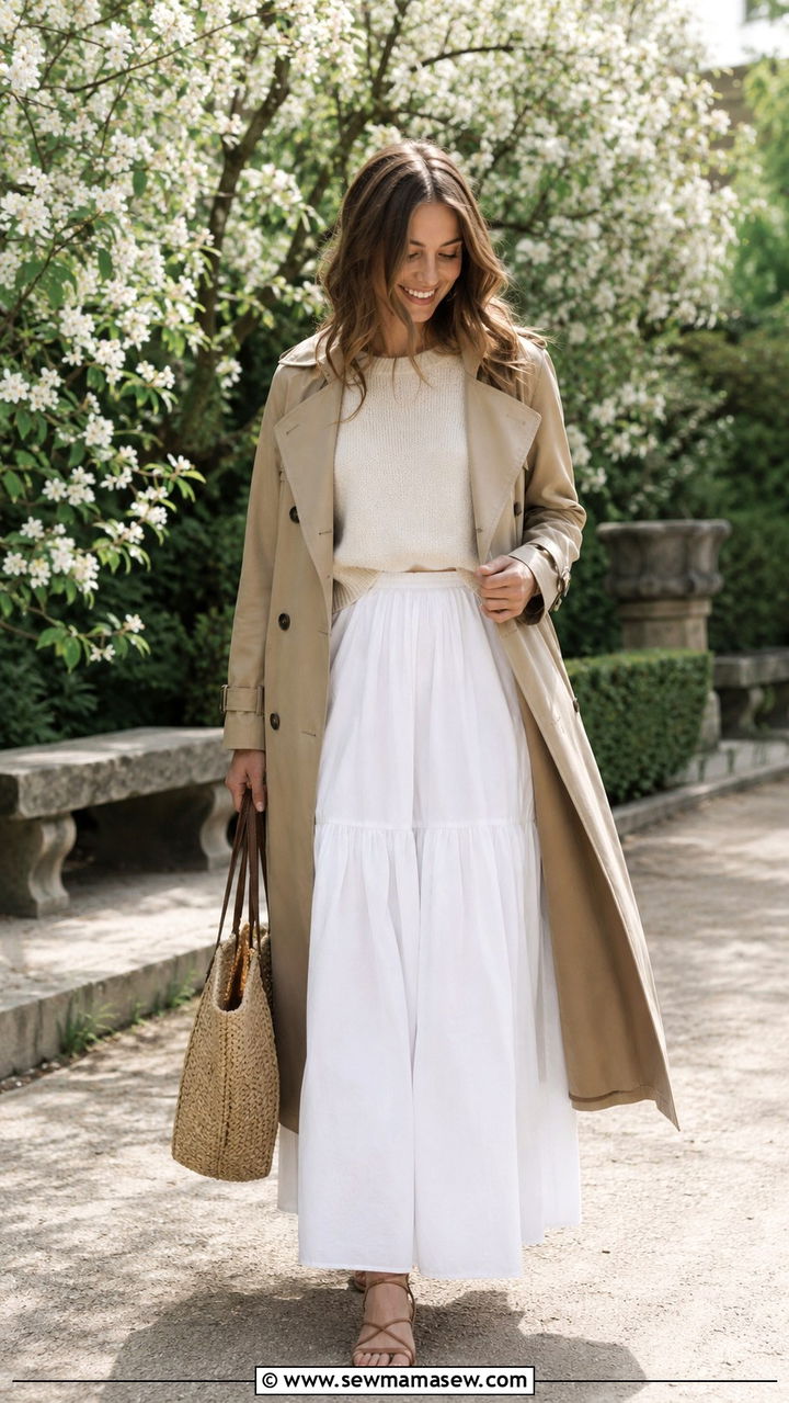 Khaki Trench Coat with White Poplin Maxi Skirt - 30 Khaki trench coat outfit ideas with a skirt