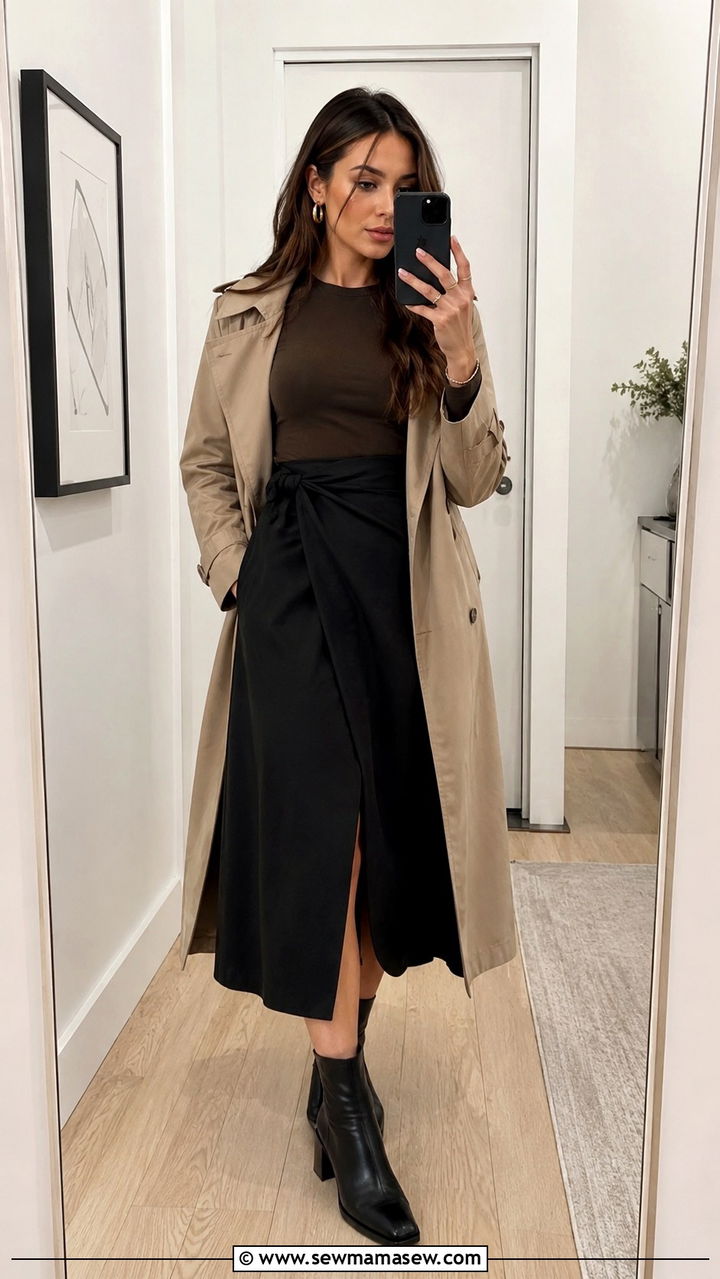 Khaki Trench Coat with Wrap Skirt - 30 Khaki trench coat outfit ideas with a skirt