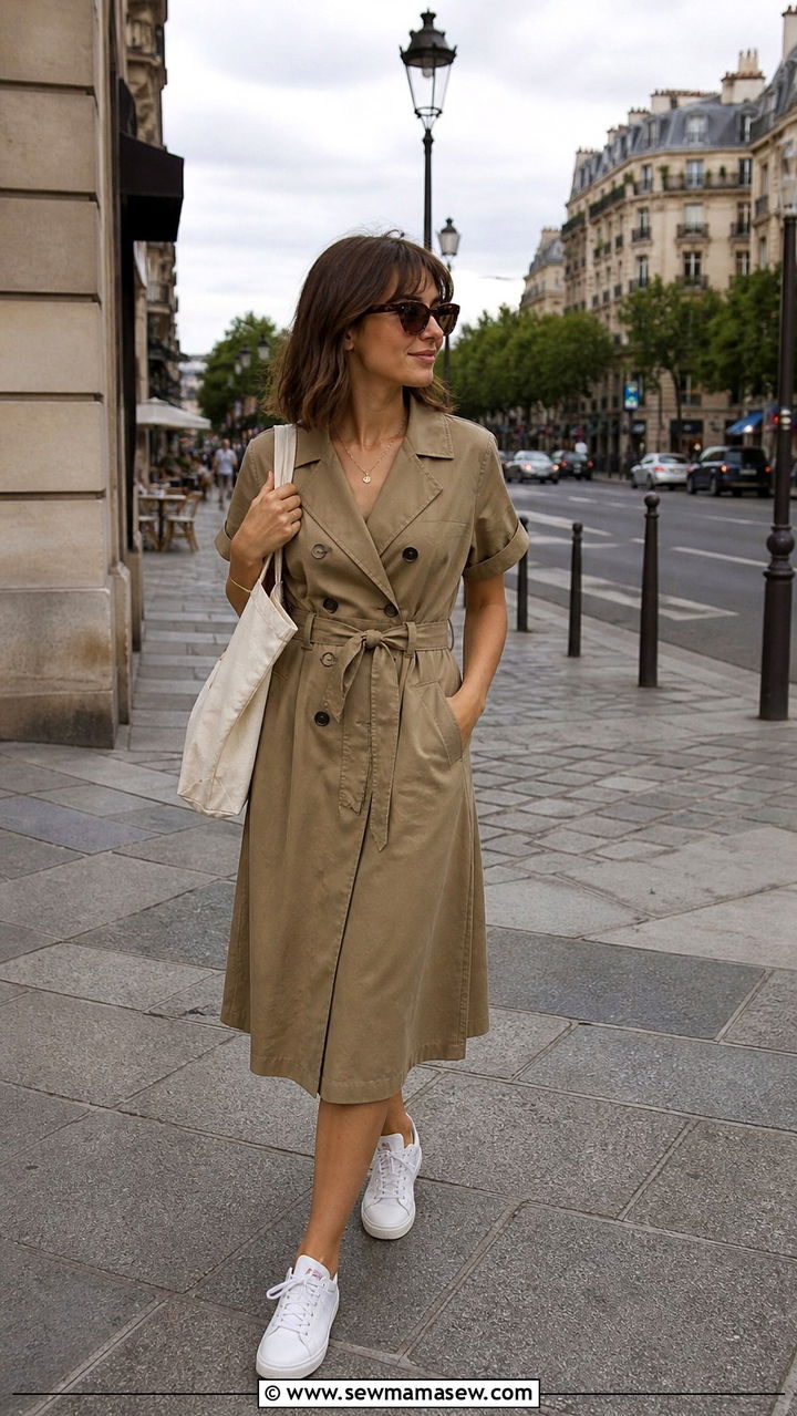 Khaki Trench Dress with Sneakers - 40 summer french girl outfits