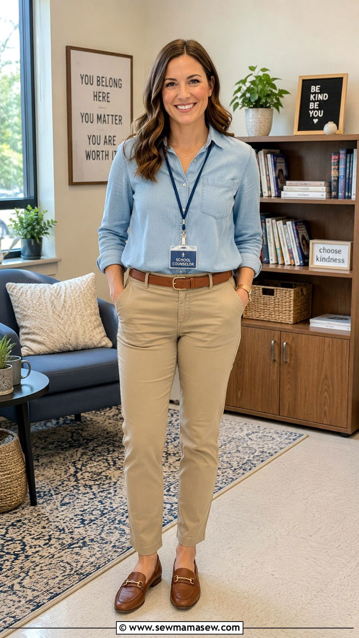 Khaki Trousers Chambray Button Down Brown Leather Loafers - 30 School counselor outfit ideas