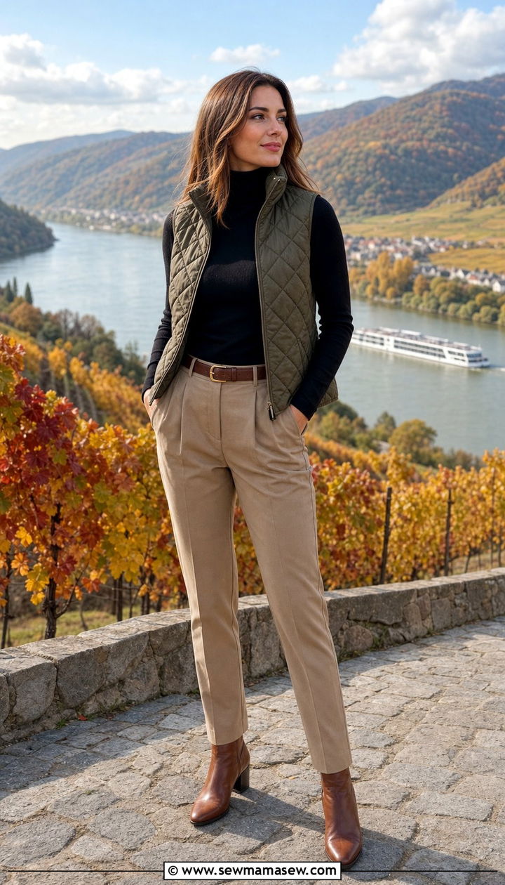 Khaki Trousers Quilted Vest And Ankle Boots Danube Cruise - 25 Danube cruise outfit ideas