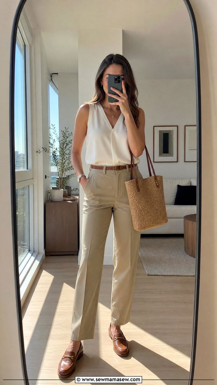 Khaki Trousers With Sleeveless Blouse And Tan Loafers - 25 Business casual outfits with loafers