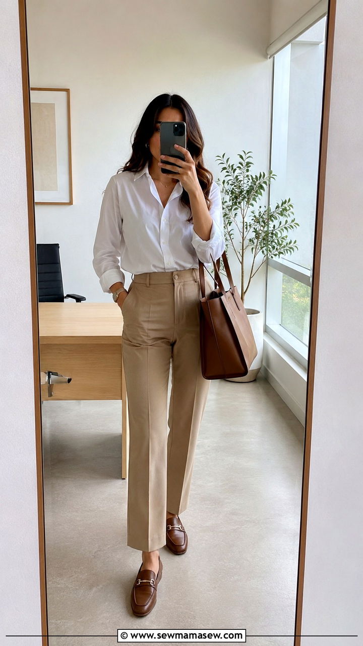 Khaki Trousers with White Button Down and Brown Loafers - 30 Modest outfit ideas for work