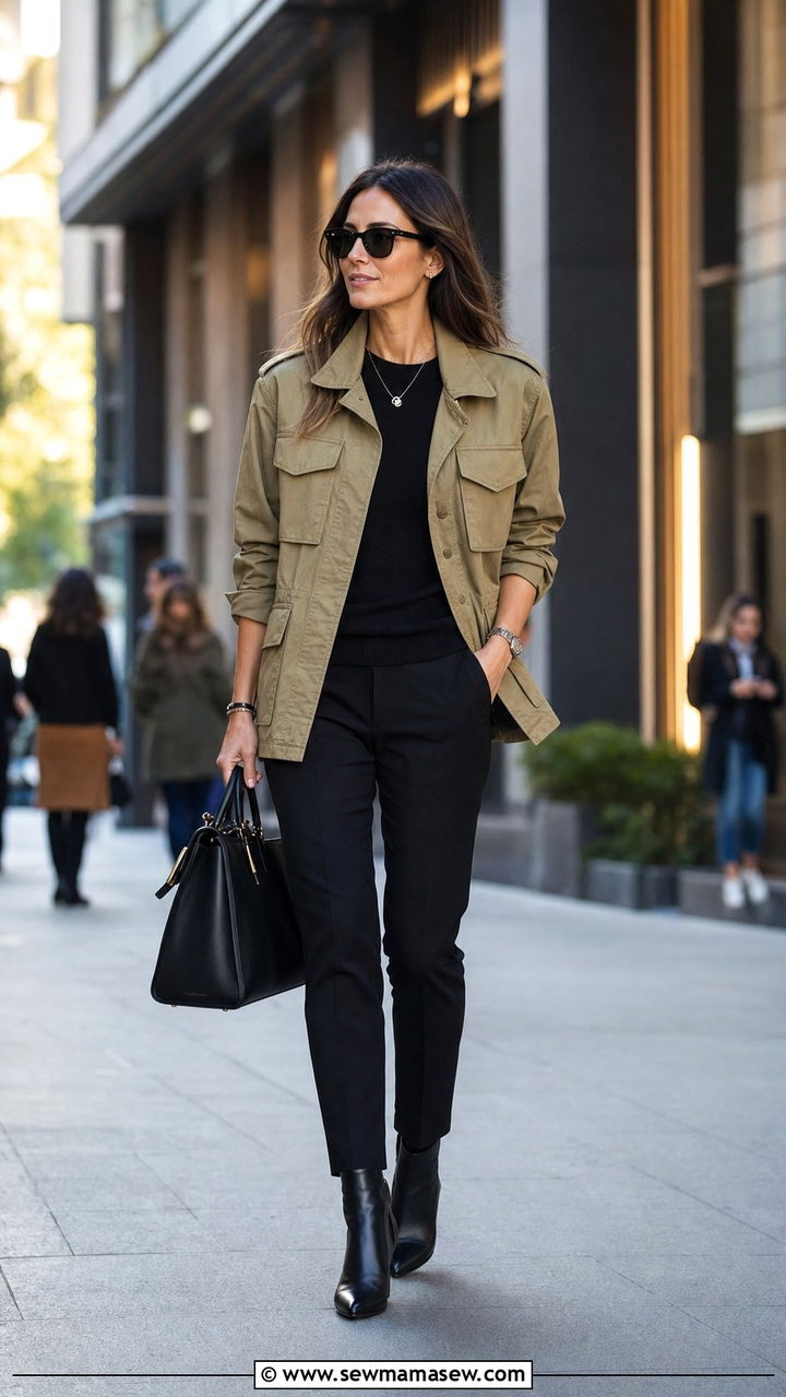 Khaki Utility Jacket Over All Black Outfit - 25 spring khaki jacket outfit ideas