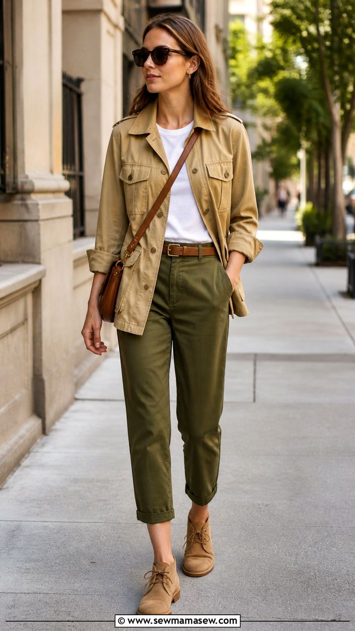 Khaki Utility Jacket With White Tee and Olive Trousers - 40 old money outfit ideas for women