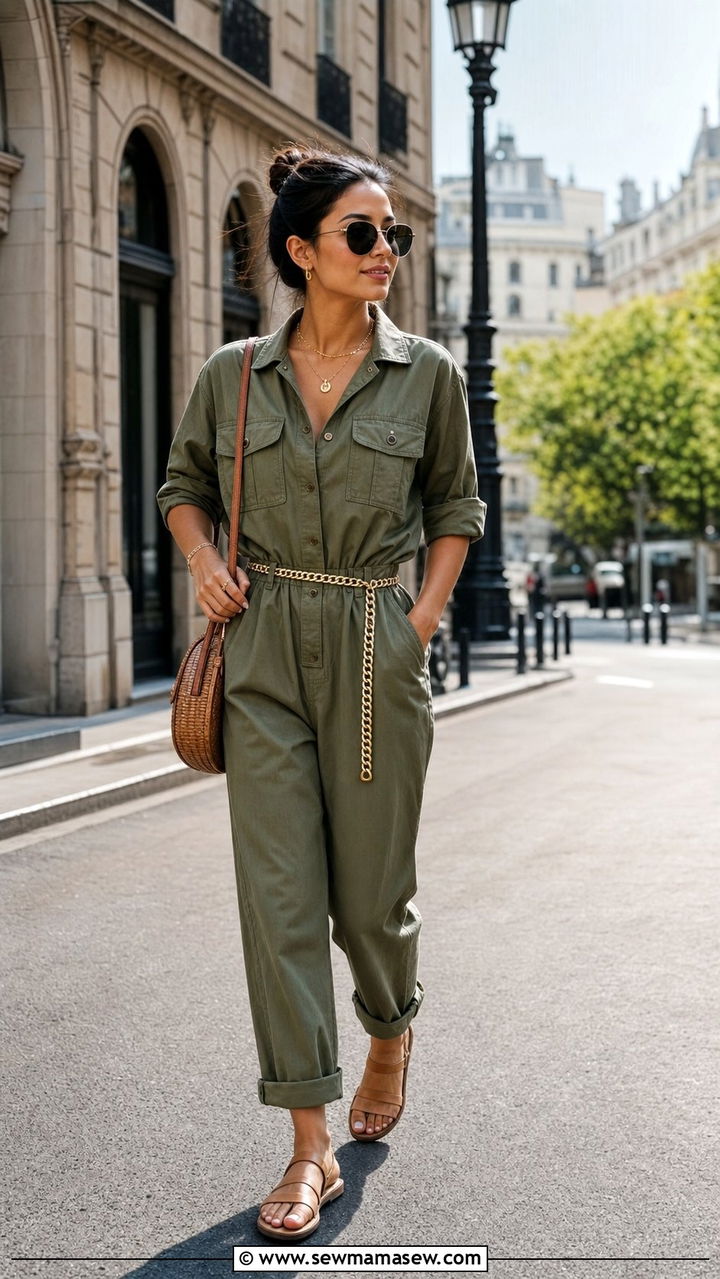 Khaki Utility Jumpsuit With Gold Chain Belt - 25 Summer 2026 fashion trends women