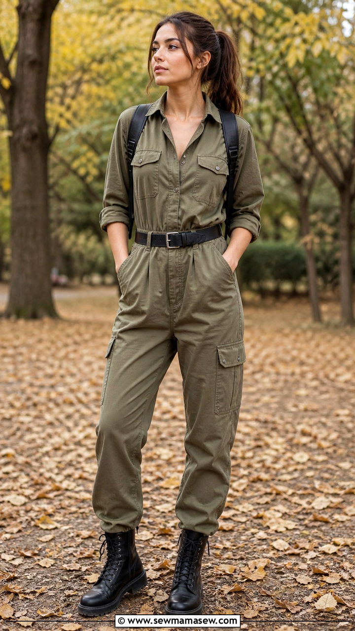 Khaki Utility Jumpsuit with Combat Boots - 40 casual jumpsuit outfits