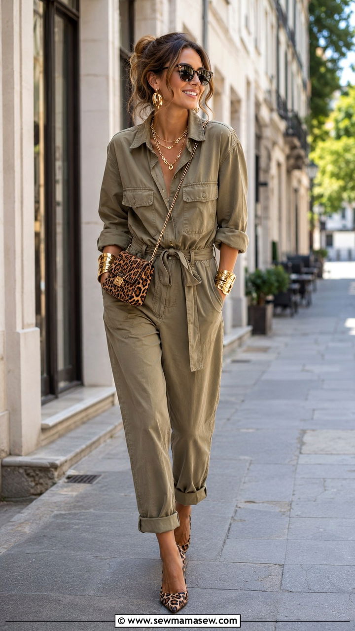 Khaki Utility Jumpsuit with Maximalist Gold Jewelry Outfit - 30 maximalist outfits 2026