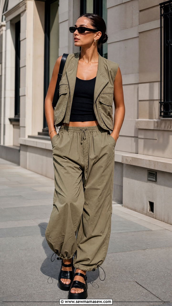 Khaki Utility Vest And Parachute Pants Set - 30 summer matching set outfit ideas