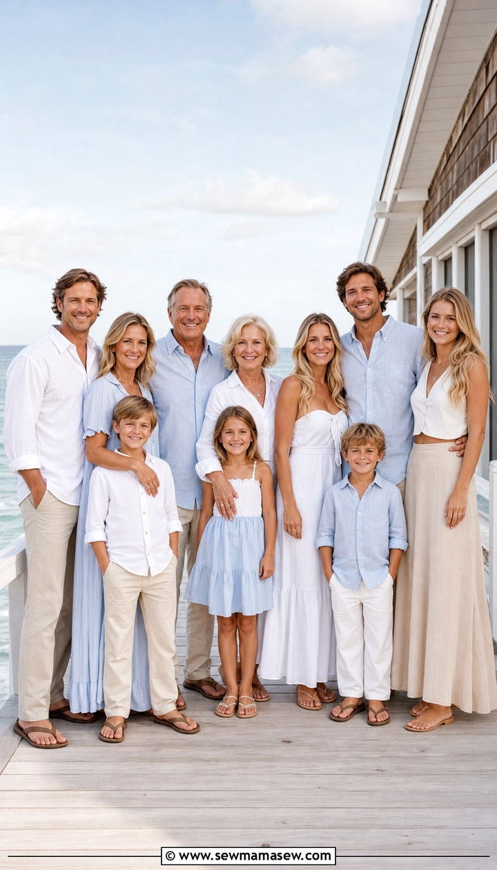 Khaki White and Light Blue Coastal Outfit - 25 Family photo outfits for large families