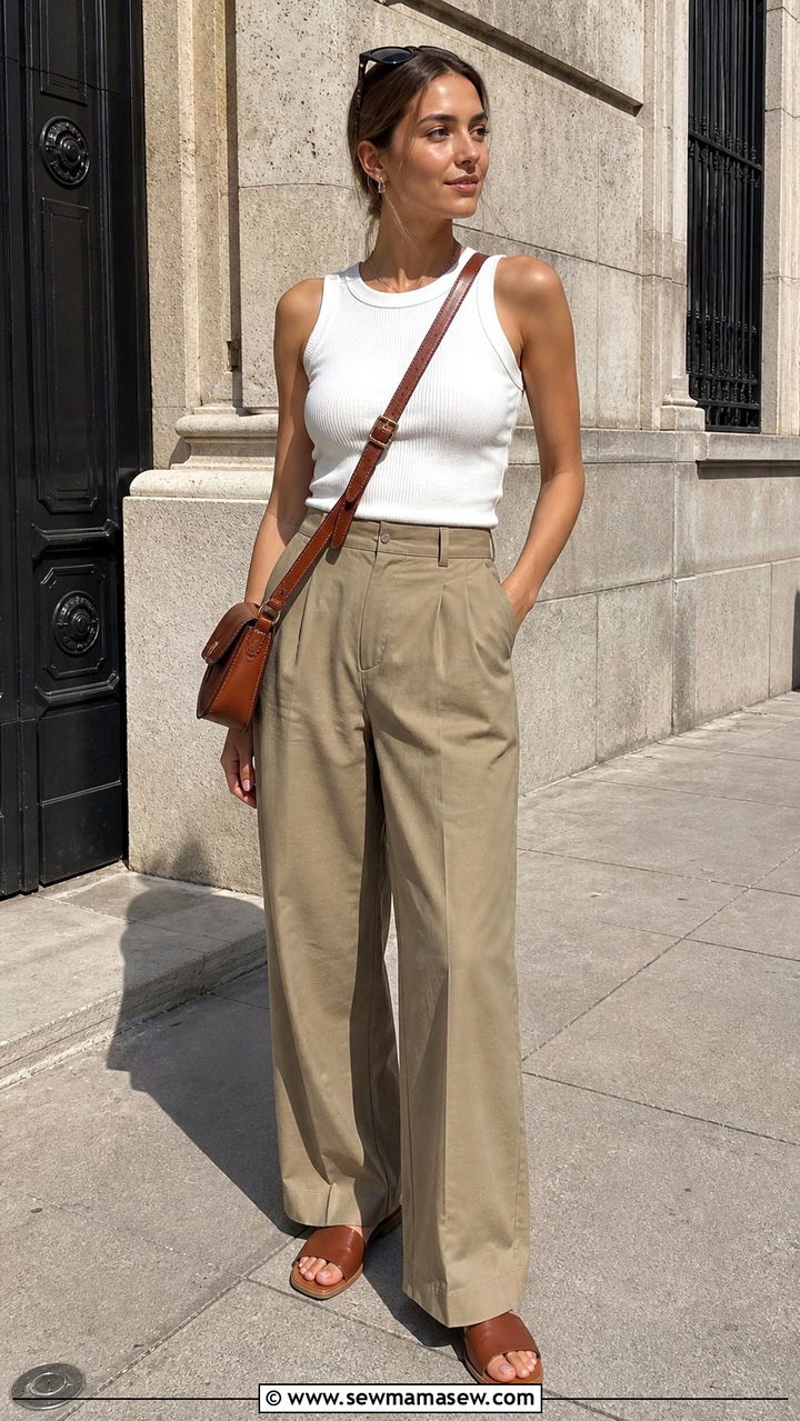 Khaki Wide Leg Pants and White Ribbed Tank Top - 40 summer minimalist outfits