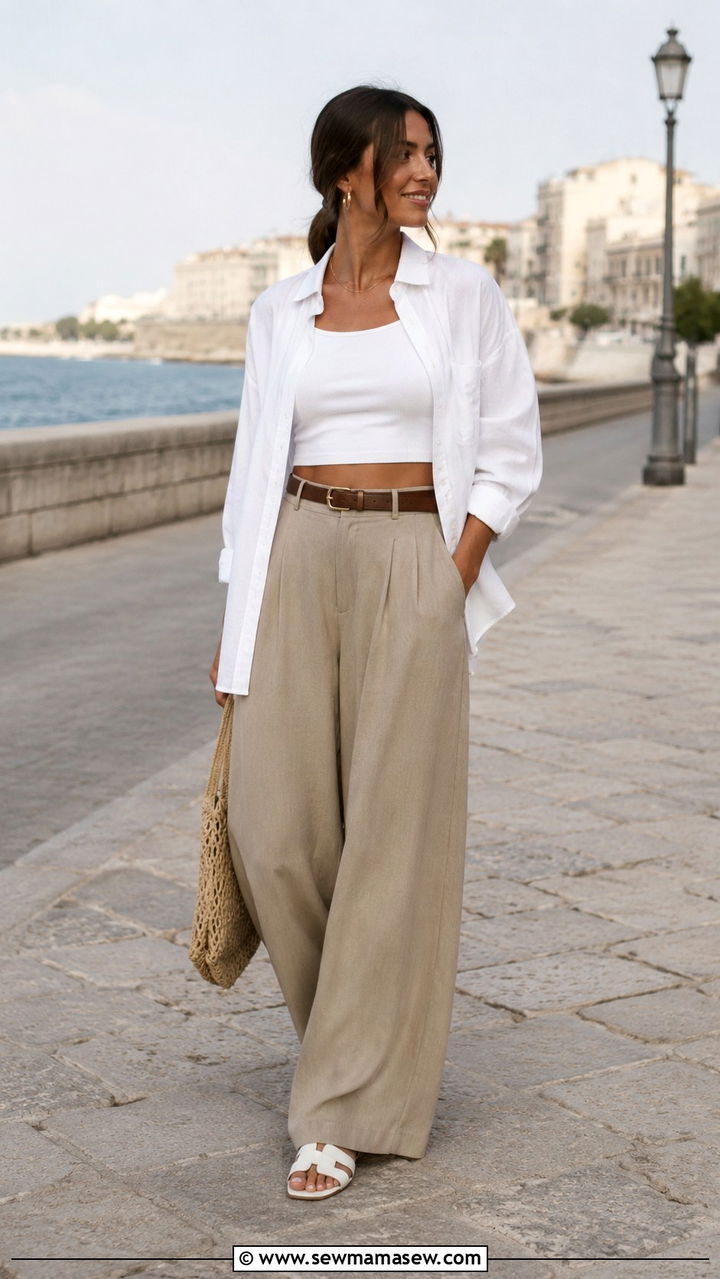 Khaki Wide Leg Pants and White Shirt Mid June Outfit - 25 Mid June outfit ideas