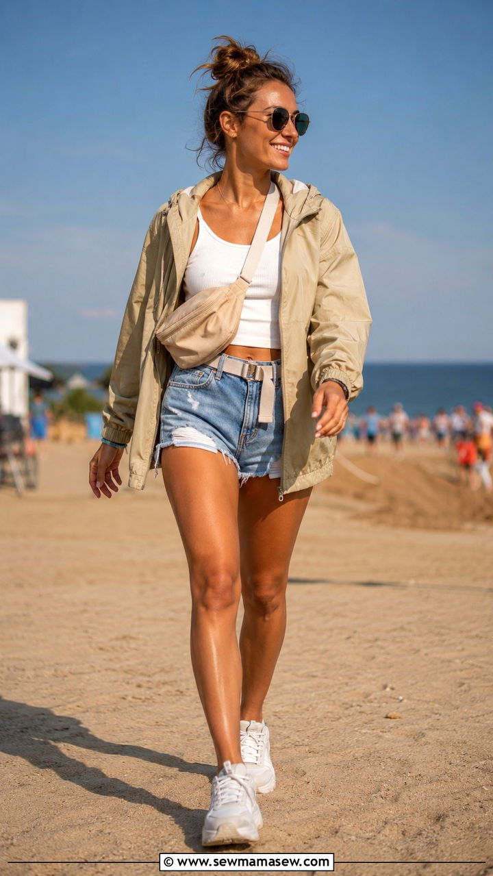 Khaki Windbreaker Outfit With Denim Cutoff Shorts - 30 cute windbreaker outfits