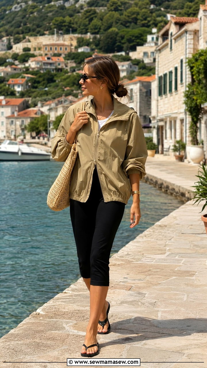 Khaki Windbreaker With Black Capri Pants And Thong Sandals - 30 casual windbreaker outfits