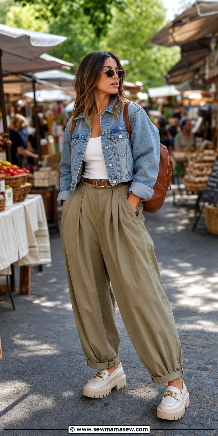 Khaki balloon pants with cropped jacket - 35 balloon pants outfits for women