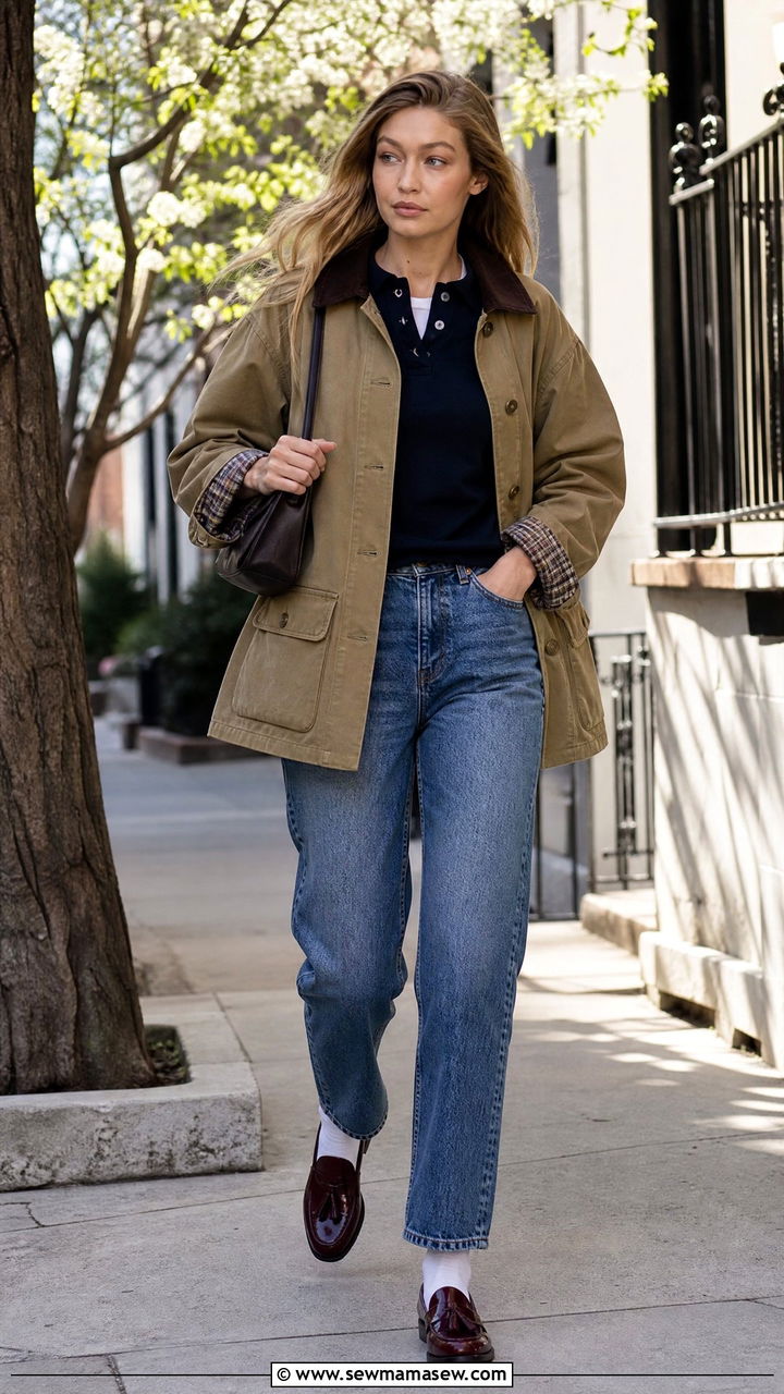 Khaki barn jacket with a navy polo and burgundy loafers - 35 Gigi Hadid spring outfit ideas