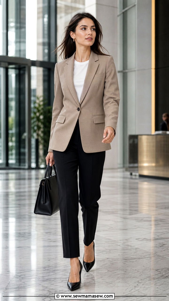 Khaki blazer with black suit pants - 40 Business professional outfit ideas