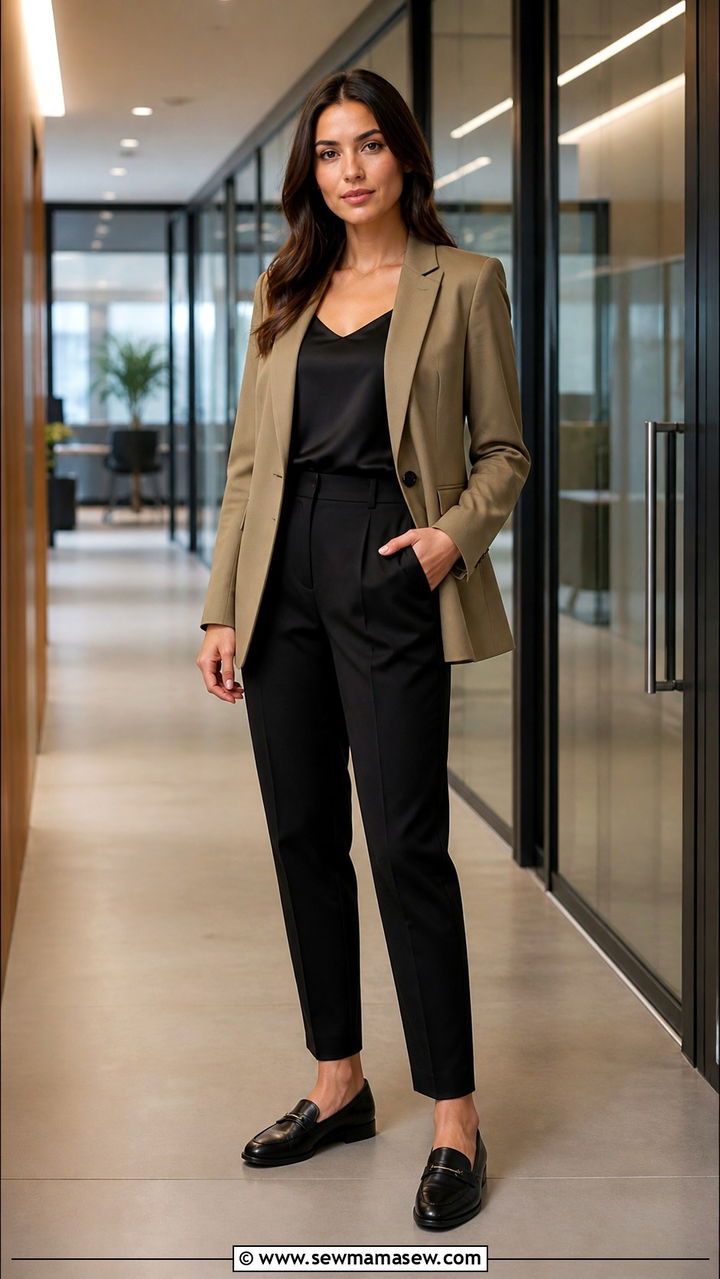 Khaki blazer with black suit pants outfit - 40 office outfits