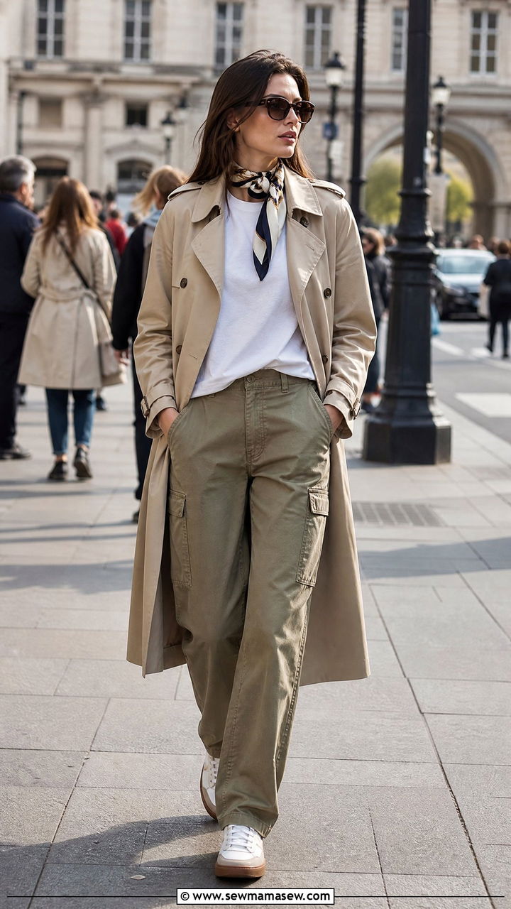 Khaki cargo pants under a trench coat - 25 Khaki cargo pants outfit ideas