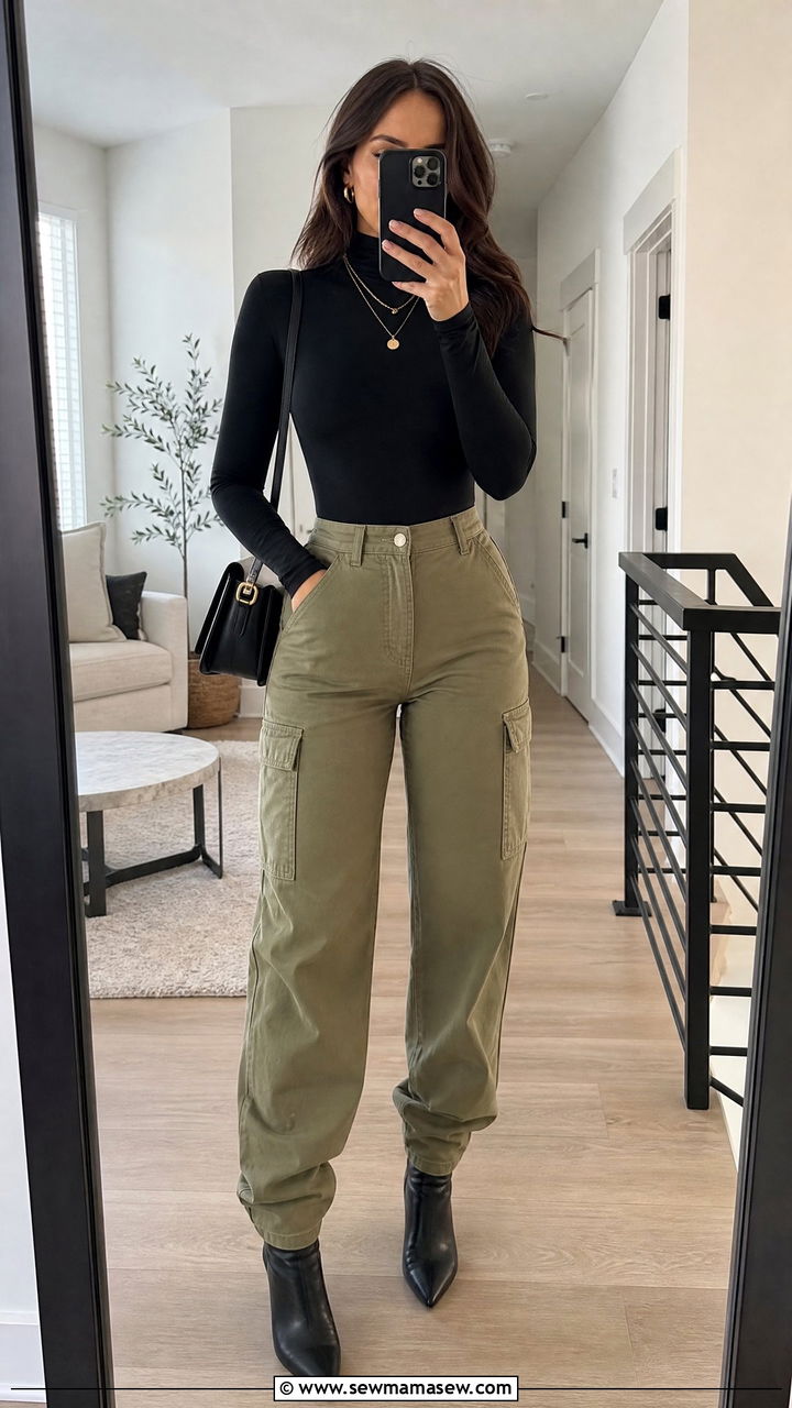 Khaki cargo pants with a black bodysuit - 25 Khaki cargo pants outfit ideas