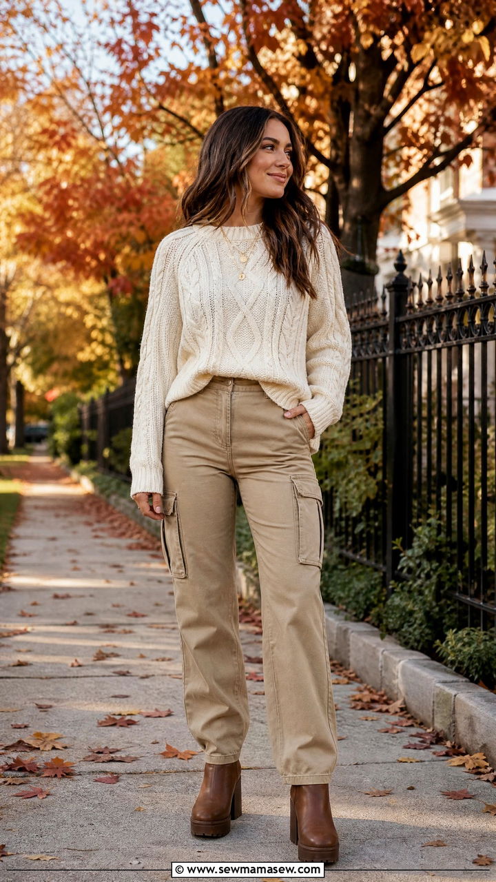 Khaki cargo pants with a chunky knit sweater - 25 Khaki cargo pants outfit ideas