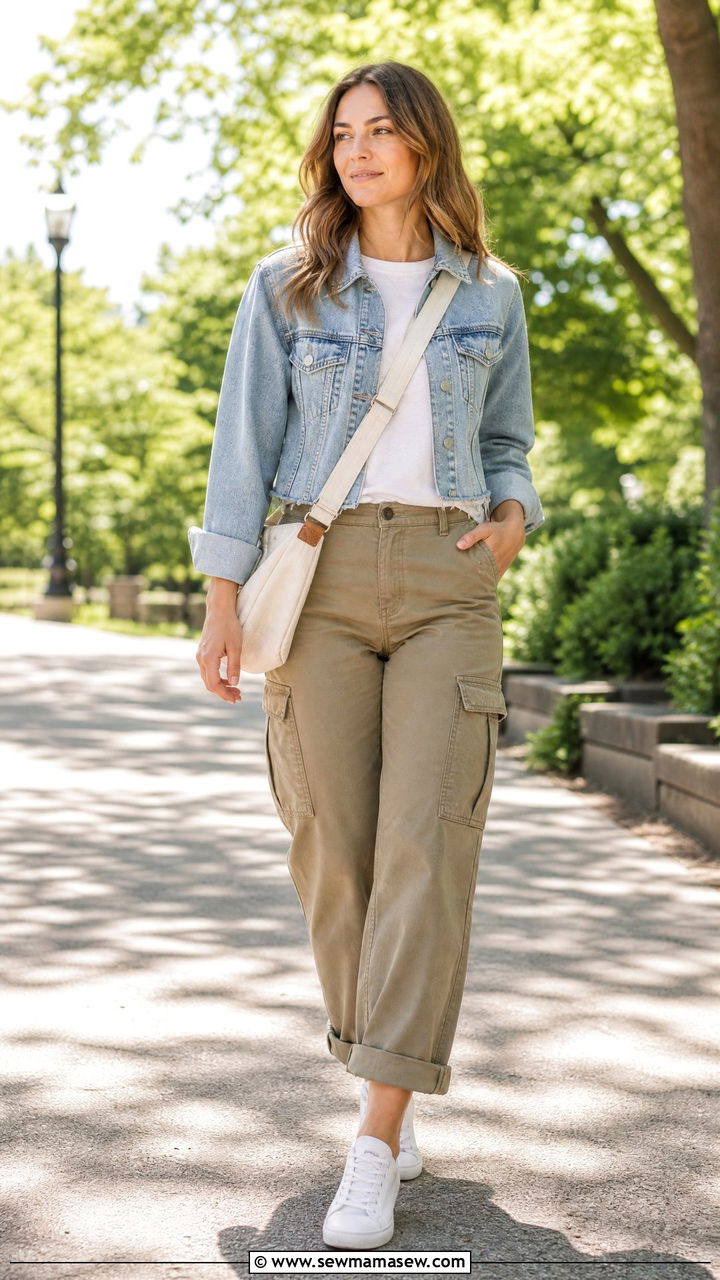Khaki cargo pants with a denim jacket - 25 Khaki cargo pants outfit ideas