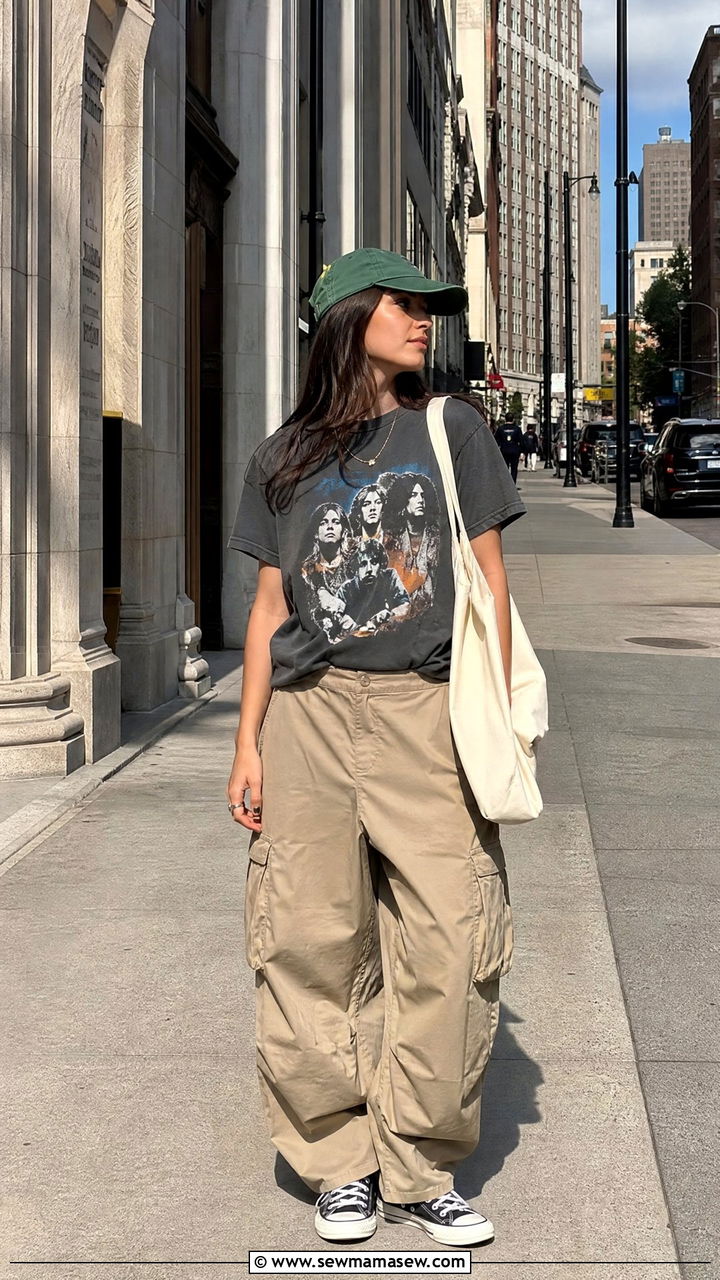 Khaki cargo pants with a graphic tee - 25 Khaki cargo pants outfit ideas