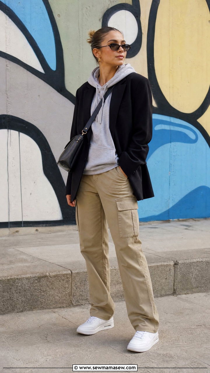 Khaki cargo pants with a hoodie and blazer - 25 Khaki cargo pants outfit ideas