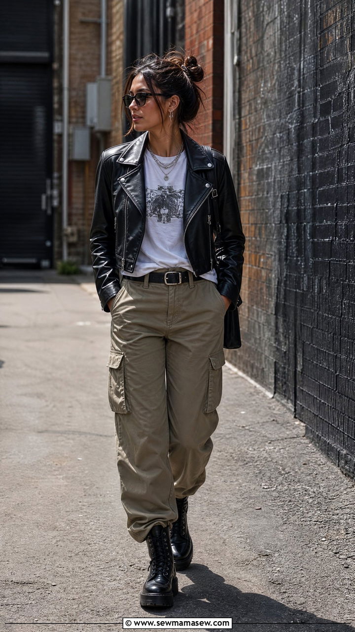 Khaki cargo pants with a leather jacket - 25 Khaki cargo pants outfit ideas