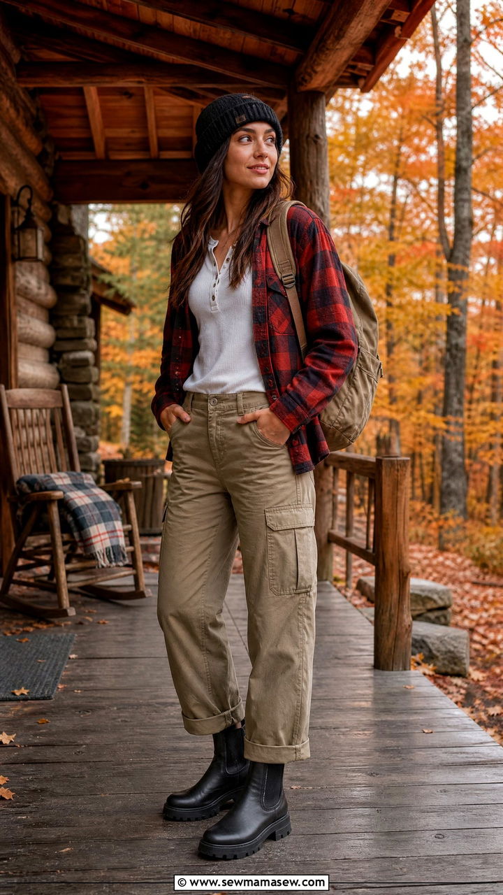 Khaki cargo pants with a plaid flannel shirt - 25 Khaki cargo pants outfit ideas