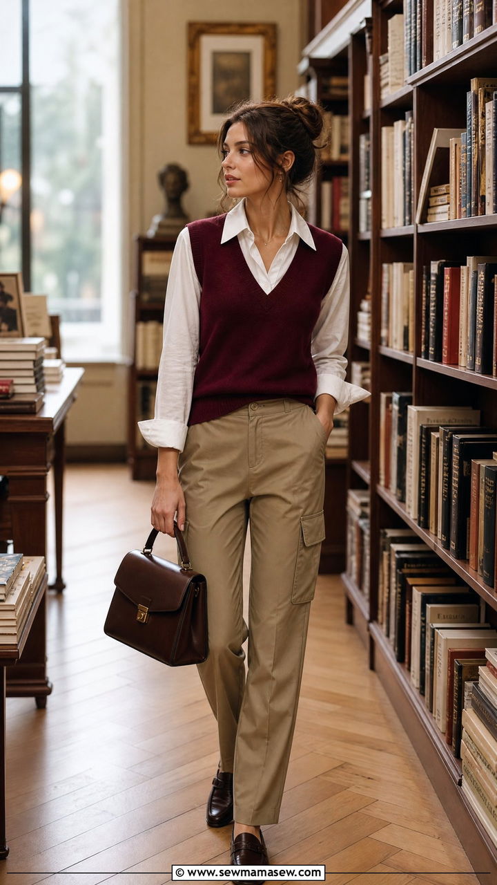Khaki cargo pants with a sweater vest - 25 Khaki cargo pants outfit ideas