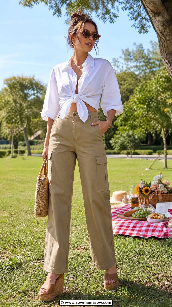Khaki cargo pants with a tie front shirt - 25 Khaki cargo pants outfit ideas
